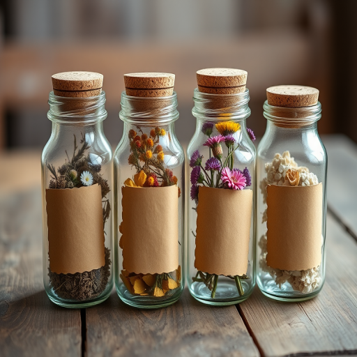 a close-up shot of four vintage glass jars filled with dried flowers, wooden cork lids, and blank labels, set on a rustic wooden table, soft natural lighting, f/2.8, 50mm lens, ISO 100, shallow depth of field