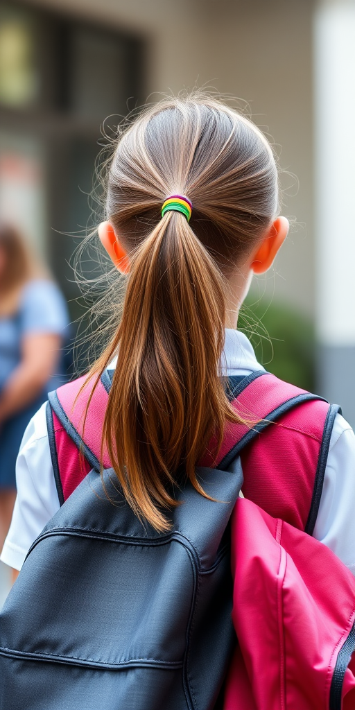 A young girl with a ponytail wearing a school uniform and a backpack, captured from the back in a soft-focus style, natural lighting, aperture f/2.8, ISO 100, 85mm lens.
