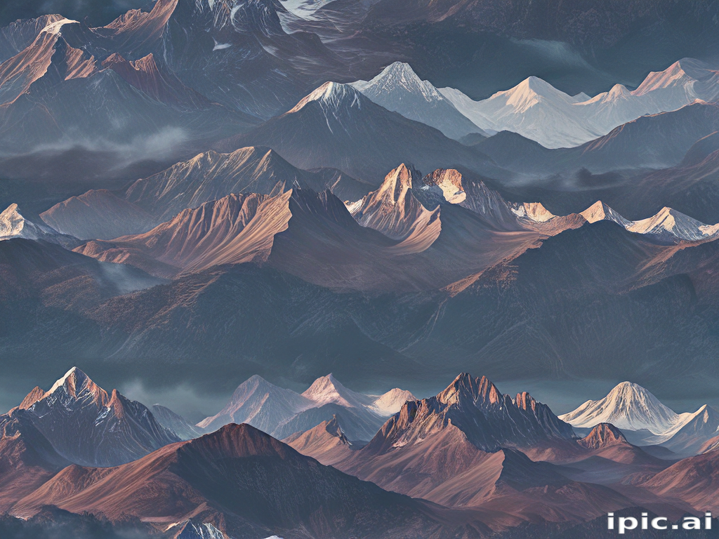 Majestic Mountain Range at Dusk with Glowing Peaks and Shadows