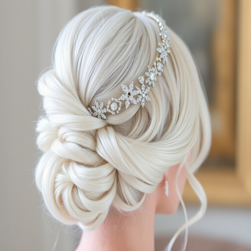 Silvery white hair styled in a regal French twist, adorned with a delicate snowflake-inspired diamond tiara, embodying the grace and beauty of a winter queen.