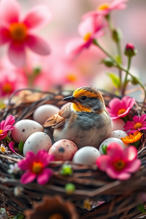 A beautifully detailed, colorful Easter egg featuring a bird surrounded by vibrant flowers and foliage, set in a nest with various speckled eggs, soft natural lighting, shallow depth of field, taken with a Canon EOS R5, 50mm f/1.2 lens, at f/2.8, ISO 200, 1/100 sec.