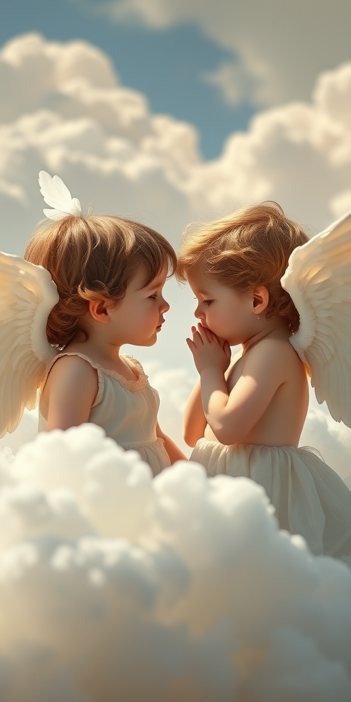 Create an ethereal scene of two cherubic children, one with wings whispering to the other, surrounded by soft clouds and gentle lighting, captured with a DSLR camera at f/2.8, ISO 100, 50mm lens, in natural light to enhance softness and detail.