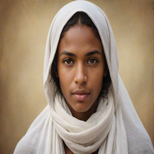 Create a portrait of a young Cape Verdean male with long, dark hair and captivating hazel eyes. She is wearing a white headscarf and a matching scarf draped gracefully around her neck. The background is softly blurred, focusing attention on her serene and natural expression. The overall color palette is muted and warm, enhancing the intimate and authentic feel of the portrait.