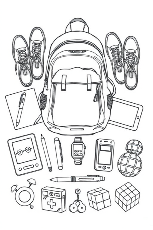 Generate a high-quality line art illustration of a backpack, two pairs of shoes, a pen, a pencil case, a digital drawing tablet, a smartwatch, a handheld gaming console, a cassette player, a yo-yo, and a Rubik's cube, using a DSLR camera with a 50mm lens, f/2.8 aperture, 1/125s shutter speed, and ISO 100, top-down view in bright lighting to enhance details and contrast.