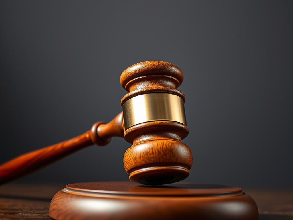 Highly detailed image of a wooden gavel with a shiny metallic band, set against a blurred gradient gray background, soft natural lighting, taken with a DSLR camera, 50mm lens, aperture f/2.8, ISO 100, low-angle shot for dramatic effect.