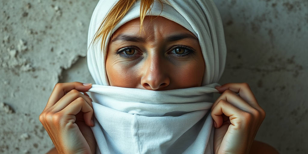 Create a close-up photographic image of a Native American woman with light skin tones shown against an old, worn wall. Their head is wrapped in a white cloth covering (i.e.... parts of the head except the nose and mouth, which are open as if they are screaming...), with a slight texture and visible folds in the fabric. Thin strands of blonde hair escape from the wrapping above, falling lightly at the top and sides. Their hands hold the fabric as if they are tugging nervously. The lighting is dramatic and even, casting strong shadows. The image has a minimalist and surreal style with an emphasis on simplicity with soft color tones. The composition is centered.