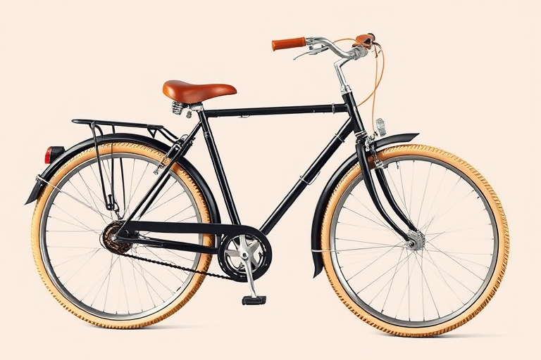 Create a digitally illustrated image of a vintage bicycle with a sleek black frame, brown leather seat, and cream-colored tires, captured using a DSLR camera with a 50mm lens, f/1.8 aperture, ISO 100, in a side view with soft natural lighting to enhance detail and quality.