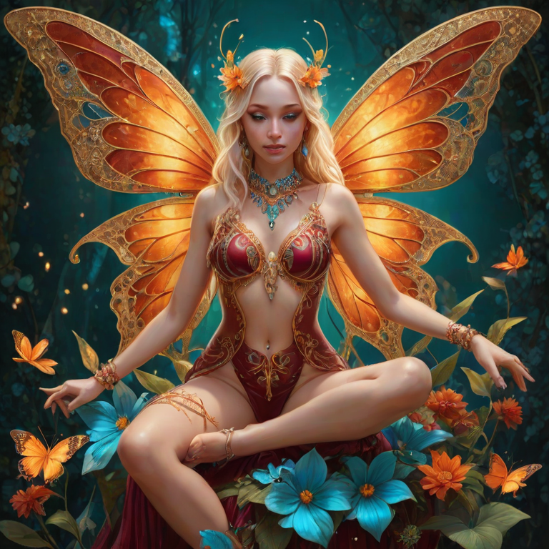A digital artwork features a winged fairy with delicate Orange butterfly wings, adorned with intricate Turquoise andBurgundy patterns. She is seated on a vibrant Electric flower, wearing a revealing red two-piece outfit with sparkling beadwork. Her fair skin, long blonde hair, and gold jewelry add to her ethereal appearance. The background is a warm, golden gradient, creating a magical atmosphere. Small glowing orbs and sparkles surround the flower, enhancing the enchanting, highly detailed, and realistic scene.