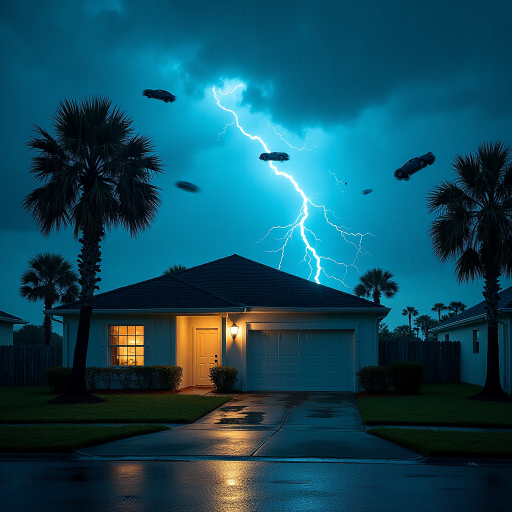 Hurricane Milton blows a roof off a home. Strong winds and rain blows sideways. Palm trees uprooted and bent over. Cars flying through the sky with debris. Sky is dark with thunder storms. Lightning strikes are fluorescent blue. Add text Hurricane Milton 2024