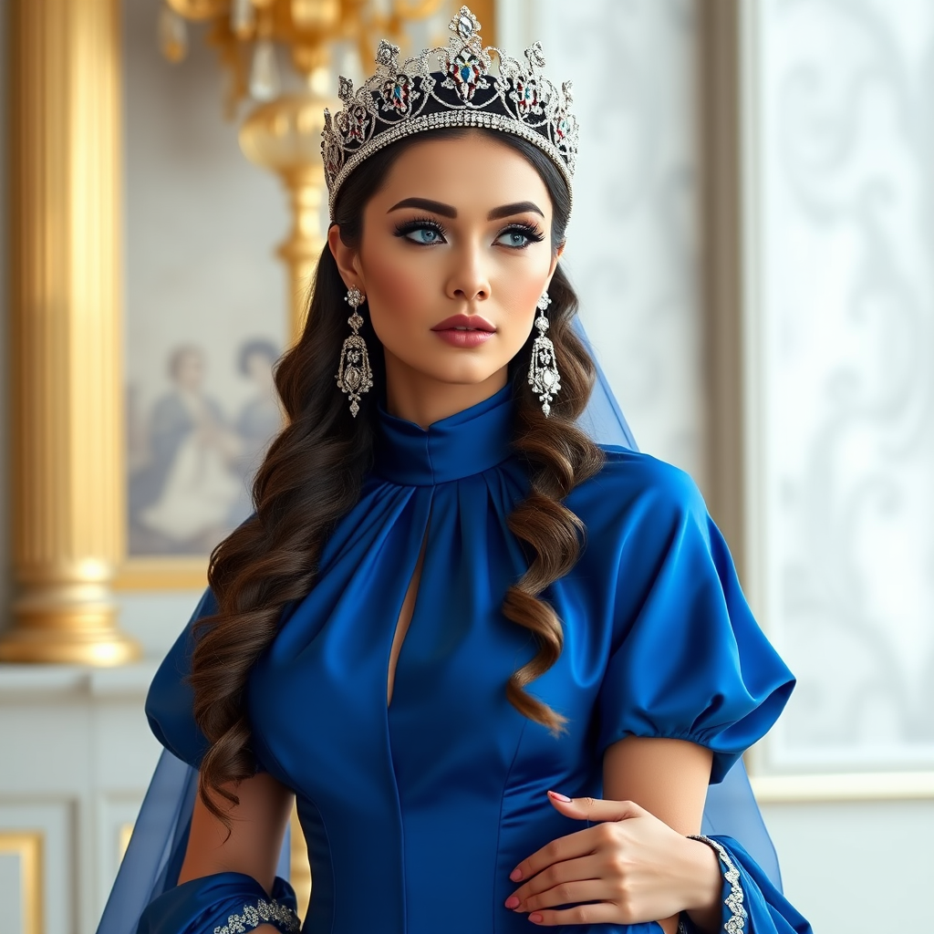 A gorgeous Kyrgyz woman in a luxurious blue gown, accessorized with a dazzling tiara and statement earrings, her deep blue eyes highlighted by impeccable makeup, poised in a royal setting, photorealistic, 8K quality