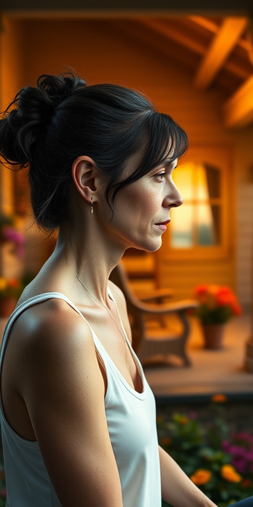 A photo of Tilda Swinton with a background of a cozy porch. She has dark hair pulled back in an updo, with tendrils framing her face. She wears a white tank top and sits on the porch. The porch is part of a well-lit home with a warm, earthy tone and colorful flowers and foliage. The overall scene has a warm, welcoming, and comfortable ambiance.