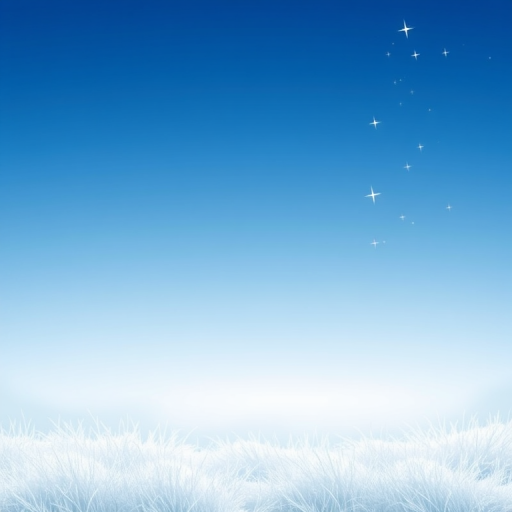 Create a serene winter scene with a gradient sky transitioning from deep blue at the top to a lighter blue near the horizon. Include soft, white grass-like textures at the bottom, with sparkling stars scattered throughout the sky. The overall mood should be calm and peaceful, evoking a sense of tranquility and winter beauty.
