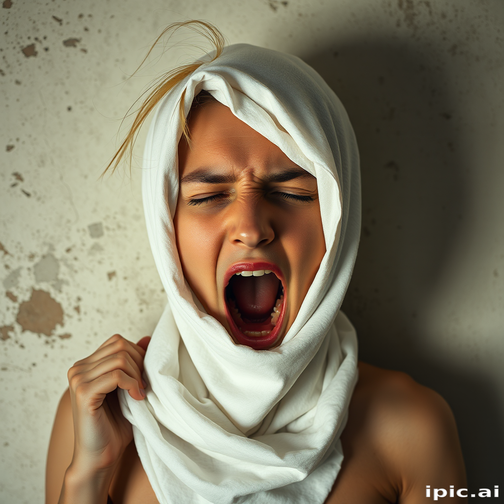 Create a close-up photographic image of the head and torso of a person with light skin tones shown against an old, worn wall. Their head is wrapped in a white cloth covering (i.e.... parts of the head except the nose and mouth, which are open as if they are screaming...), with a slight texture and visible folds in the fabric. Thin strands of blonde hair escape from the wrapping above, falling lightly at the top and sides. Their hands hold the fabric as if they are tugging nervously. The lighting is dramatic and even, casting strong shadows. The image has a minimalist and surreal style with an emphasis on simplicity with soft color tones. The composition is centered.
