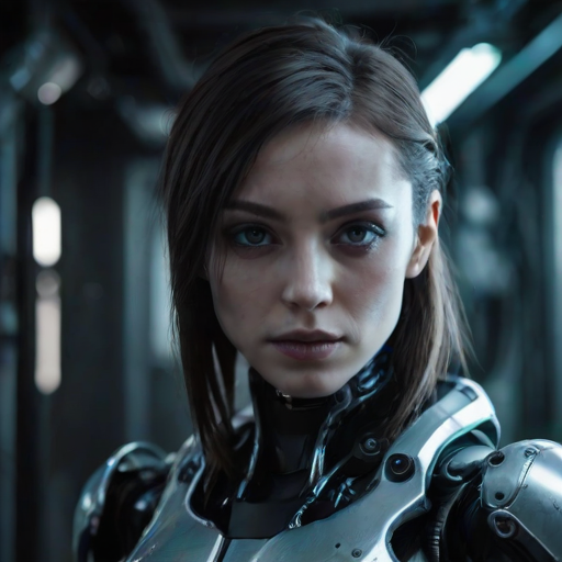 portrait of a robot android girl in a dark dramatic cyberpunk futuristic environement