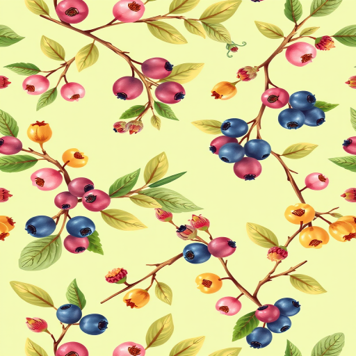 Create a seamless pattern featuring branches with various colorful berries including pink, green, blue, purple, and yellow, against a light green background.