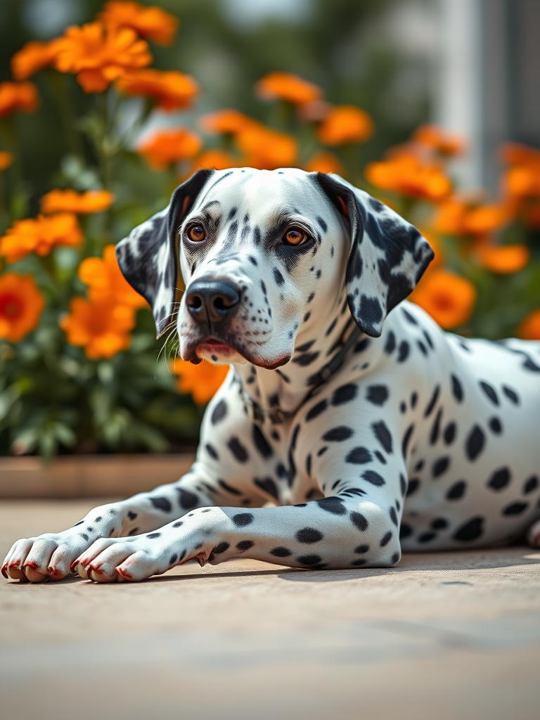 High-quality image of a Dalmatian dog lying down on a smooth surface with vibrant orange flowers in the background, using a Canon EOS 5D Mark IV camera, 85mm lens, aperture f/2.8, ISO 200, natural lighting, shallow depth of field, focus on the dog.