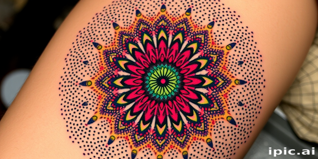Vibrant dotwork mandala tattoo named "Kaleidoscope Bloom" featuring a mesmerizing circular pattern composed entirely of tiny, colorful dots that radiate outward from a central point, creating a three-dimensional effect that seems to pulsate and shift as the eye moves across the intricate design, resulting in a hypnotic and visually stunning piece of body art