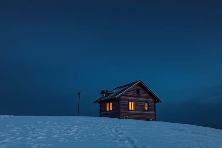 regenerate an image of a solitary wooden house on a snow-covered hill under a dark blue sky, shot with a DSLR camera at f/8 aperture, ISO 100, 24mm lens, in landscape orientation with a soft focus style and natural lighting to enhance details and textures