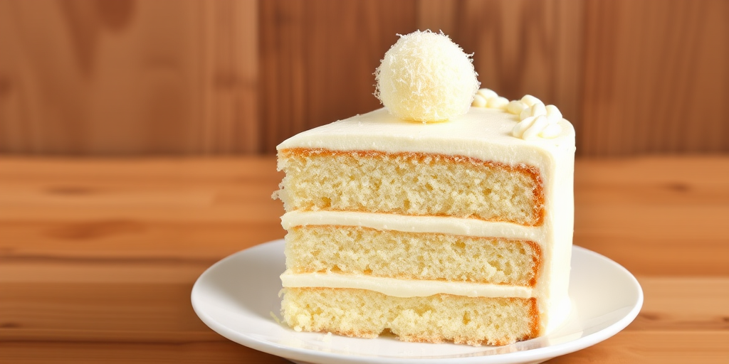 A beautifully layered white cake with creamy frosting topped with a coconut ball, served on a white plate with a wooden background, showcasing the cake's texture and details.
