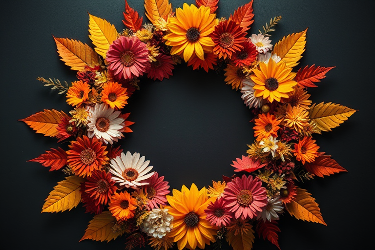 Create a vibrant floral wreath with autumn colors, featuring a variety of flowers and leaves arranged in a circular shape against a dark background, using a DSLR camera with a 50mm lens, aperture set to f/2.8, ISO 100, and shot at a top-down view for enhanced depth and clarity.