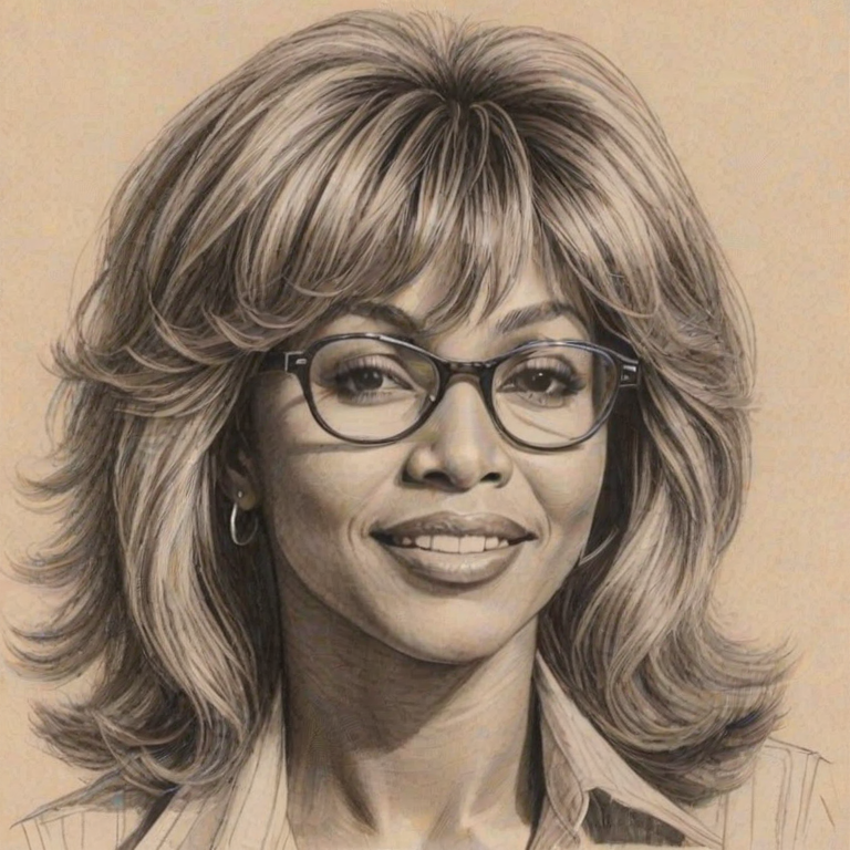 Delightful Tina Turner, pencil sketch, portrait of Beauteous woman 1972s in glasses, hair style beatnik, outline, clear lines, fine lines, 8k