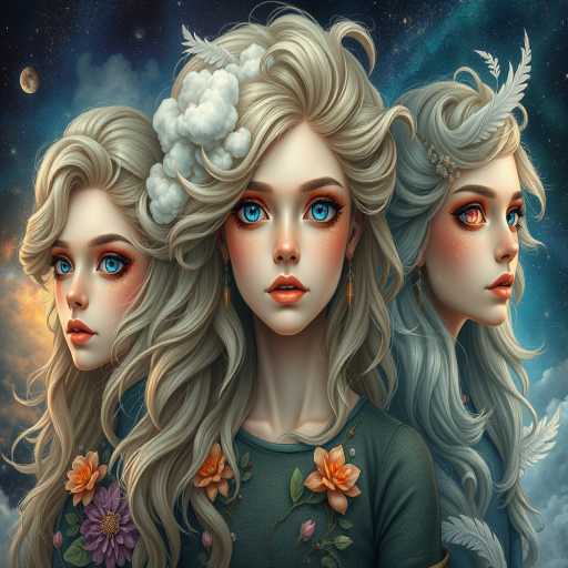 Create a series of imaginative portraits where each subject is infused with elements of fantasy and nature. The hair of the individuals should flow like clouds, varying from soft, fluffy cumulus to wispy cirrus strands, with hints of color reflecting a sunset or a clear blue sky. The eyes should be windows to entire galaxies, with stars, nebulae, and distant planets visible within them. Clothing should be adorned with nature motifs, such as floral patterns that bloom and change, vines that seem to grow and wrap around, or feathers that shimmer with iridescence. Each portrait should capture a unique personality, blending human features with the ethereal beauty of the natural and cosmic world. The backgrounds can vary, from starry night skies to enchanted forests, adding depth and context to the magical realism of the portraits