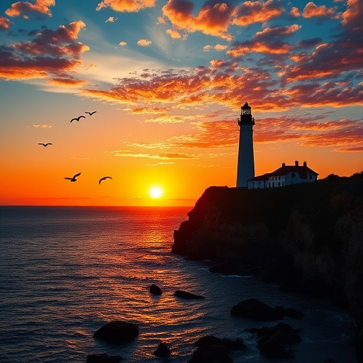 create a vibrant sunset scene with a silhouette of a lighthouse on a cliff, surrounding ocean with small rocks, a bright orange sun setting on the horizon, detailed clouds, and flying birds in the sky, captured with a DSLR camera at f/8 aperture, ISO 100, 1/250 sec shutter speed, wide-angle lens, landscape orientation