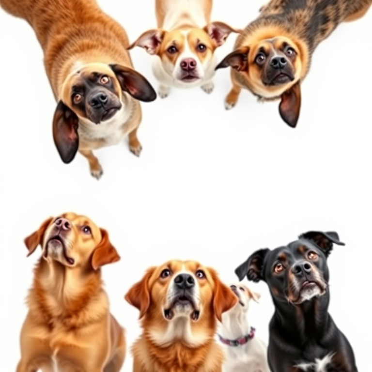 Create an image of six dogs of various breeds looking upward against a plain white background, captured with a Canon EOS R5, 50mm lens, f/2.8 aperture, ISO 100, shot from eye level in natural lighting for enhanced detail and clarity.