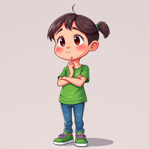 Create an illustration of a young girl standing confidently with a thoughtful expression, wearing a green t-shirt, blue jeans, and green sneakers, in a cartoon style, using a high-resolution digital drawing technique, with soft lighting and vibrant colors, simulating a DSLR camera with a 50mm lens at f/2.8, focusing on the subject with a shallow depth of field.