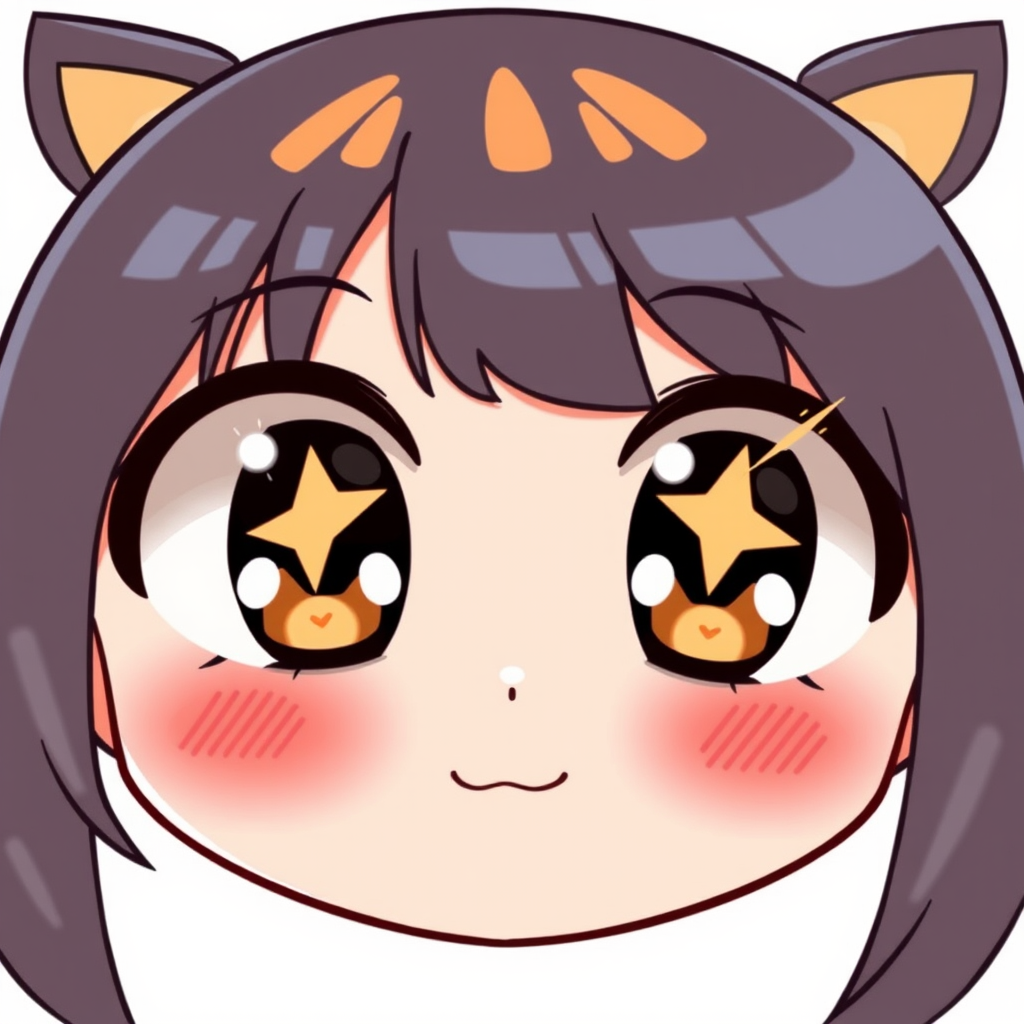 Create an illustration of a cute anime face with large, sparkling eyes featuring orange highlights. The face should have rosy cheeks and convey a joyful, lively expression. The style should be bright and cheerful, capturing the essence of kawaii art.