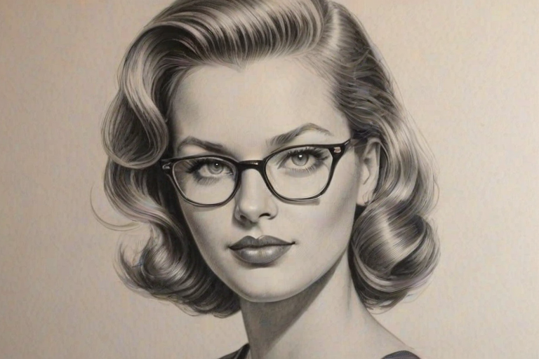 Magnificent Candice Cameron Bure, pencil sketch, portrait of Enticing woman 1949s in glasses, hair style beatnik, outline, clear lines, fine lines, 8k