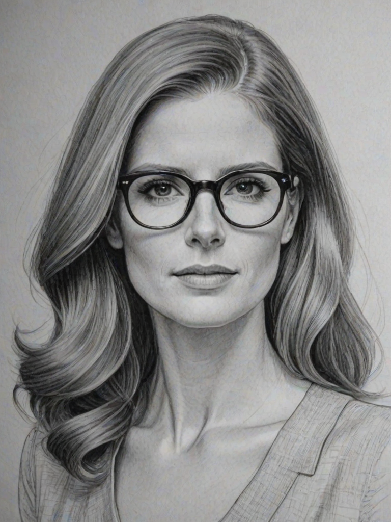 Gorgeous Sarah Rafferty, pencil sketch, portrait of Appealing woman 1942s in glasses, hair style beatnik, outline, clear lines, fine lines, 8k