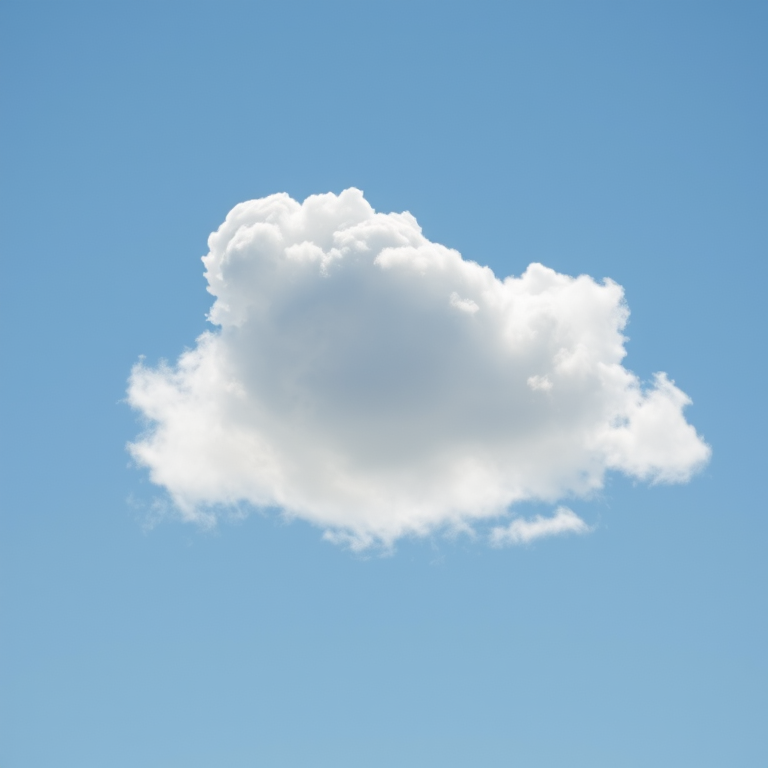 Create a soft, fluffy cloud on a clear blue sky background, using a Canon EOS R5 with a 50mm lens, aperture f/2.8, ISO 100, and a shallow depth of field for a dreamy effect.
