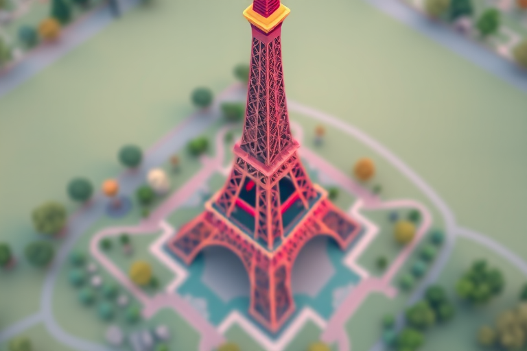 Create a high-quality 3D render of the Eiffel Tower in a stylized low-poly design, with vibrant colors and detailed surroundings featuring trees, rocks, and pathways, captured with a Canon EOS R5 camera at f/11, ISO 100, and a 24mm lens from a bird's-eye view perspective, emphasizing sharp details and crisp textures.