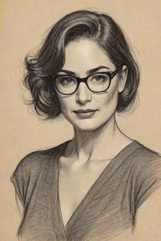 Pleasing Kim Delaney, pencil sketch, portrait of Captivating woman 1920s in glasses, hair style beatnik, outline, clear lines, fine lines, 8k