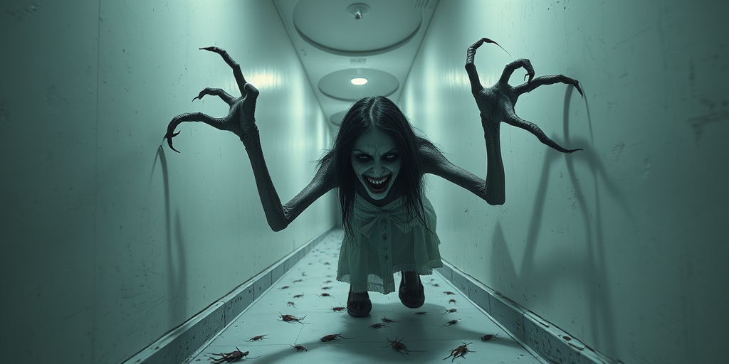 a crooked female with long arms and a creepy smile is crawling along a long white corridor and you can also see cockroaches in it there is a creepy atmosphere creepy art style