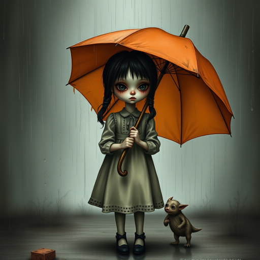 An eerie, weird little girl with dark hair in thin pigtails, wearing a smock dress, standing in the rain, holding a dirty orange umbrella, a small, odd creature beside her. In a surreal style inspired by Nicoletta Ceccoli and Brian Froud. Dark fantasy themes