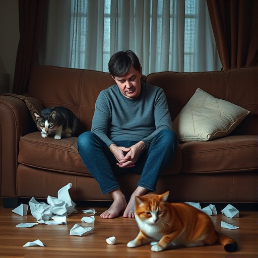 Regenerate the image of a person sitting on a couch with a sad expression, surrounded by tissues and a cat on the floor, using a Canon EOS R5 camera, 50mm lens, aperture f/2.8, ISO 100, shot from a slightly elevated angle for a warm, inviting atmosphere.