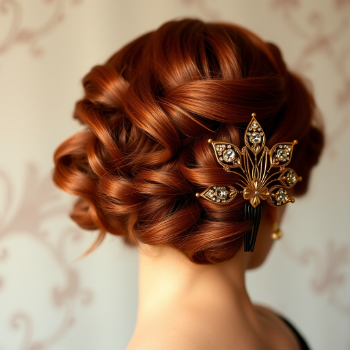Shimmering copper penny hue styled in loose vintage pin curls, accented with art deco-inspired golden hair combs, exuding old-world elegance and sophistication.