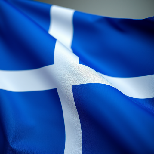 Generate an image of the Icelandic flag, vibrant colors, high detail, using a DSLR camera, aperture f/8, ISO 100, 50mm lens, soft lighting from the left side, shallow depth of field.