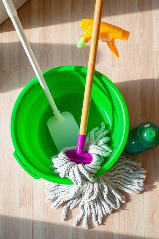 Regenerate an image of a cleaning setup featuring a green bucket, a mop, and a spray bottle, using a DSLR camera with a 50mm lens at f/2.8, in natural light, top-down view, high resolution.