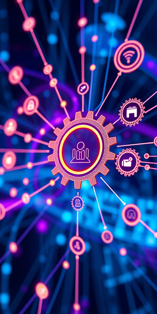 Create an image of a futuristic digital network with interconnected gears and icons representing technology and finance, using a Canon EOS 5D Mark IV with a 24-70mm f/2.8 lens, aperture set to f/8, ISO 100, shot at 1/125 sec, in a dynamic wide-angle view with vibrant blue and purple background light effects.