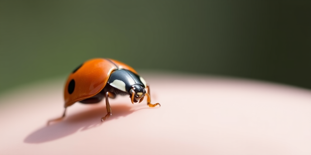 Close-up of a ladybug resting on a smooth surface, 50mm lens, f/2.8 aperture, ISO 100, 1/200 sec shutter speed, natural lighting, macro photography, DSLR camera.