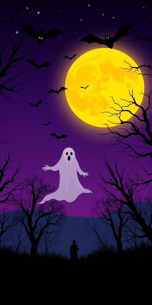 Create a digital illustration of a spooky landscape at night featuring a glowing yellow moon, a ghostly figure, and bats flying, with dark trees silhouetted against a purple sky, using a Canon EOS 5D Mark IV with a 24mm lens at f/11, ISO 100, and a long exposure to capture vibrant colors and details.