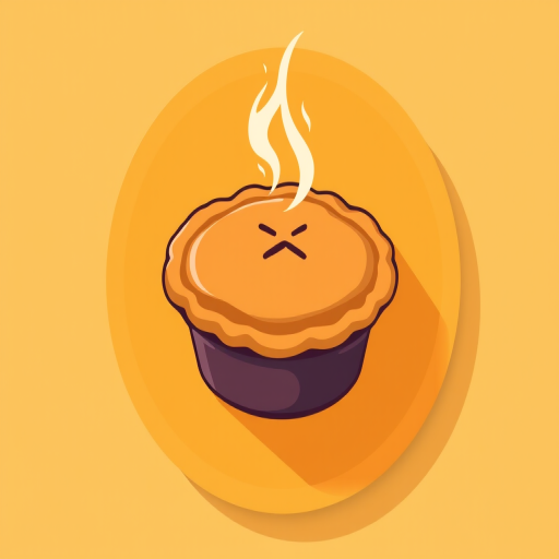design a vibrant flat-style illustration of a steaming pie in a circular badge format, with a warm yellow background and brown accents, shot with a DSLR camera at f/4 aperture, ISO 100, 35mm lens, top-down view for clarity and detail