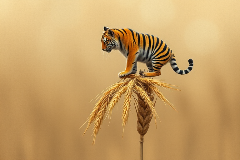 Soft, muted Alcohol Ink with ebru effect background image of tiny whimsical tiger, who climbed high on the top of a golden rye ear.