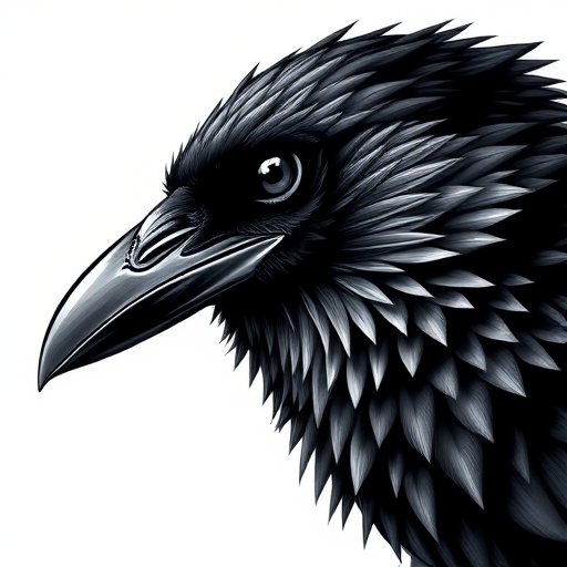 Create a highly detailed illustration of a raven in a side view, using a DSLR camera with a 50mm lens, aperture set to f/1.8 for shallow depth of field, ISO at 100 for clarity, with natural lighting to enhance contrast and texture in the feathers, focusing on intricate line work and shading for a striking effect.