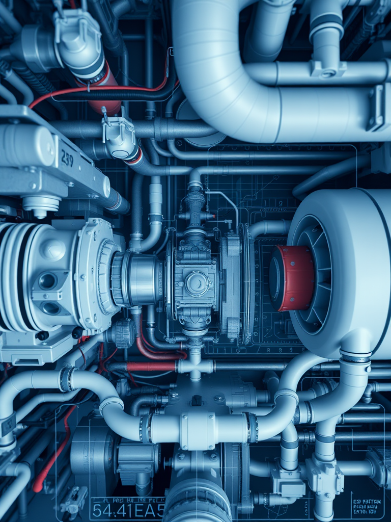 create a highly detailed blueprint of a complex mechanical system with intricate piping and machinery, shot with a Canon EOS R5 at f/8, ISO 100, 24mm lens, in a top-down view, using a crisp, clear focus for enhanced definition and contrast.