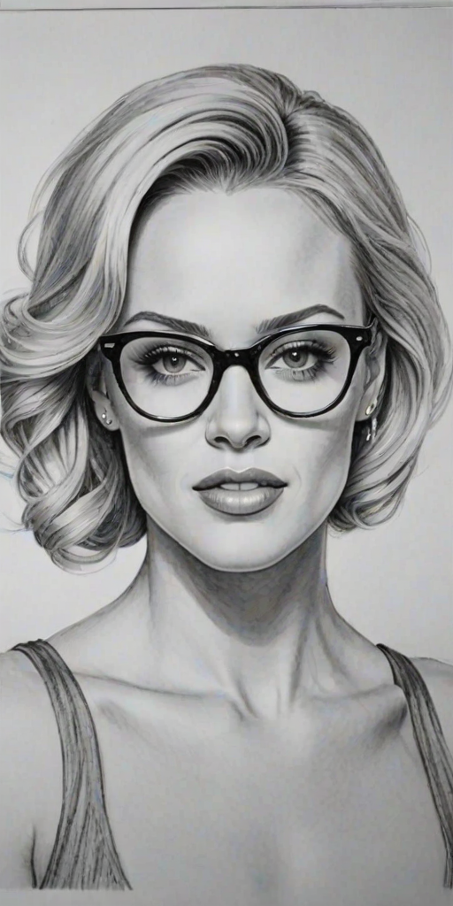 Splendid Peta Murgatroyd, pencil sketch, portrait of Delightful woman 1949s in glasses, hair style beatnik, outline, clear lines, fine lines, 8k