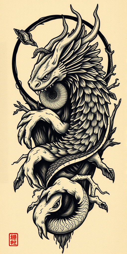 Woodcut tattoo called "Nature's Etchings" resembling traditional woodblock prints with bold lines and textured shading, portraying intricate natural scenes or mythological figures, known for its rustic and timeless appeal